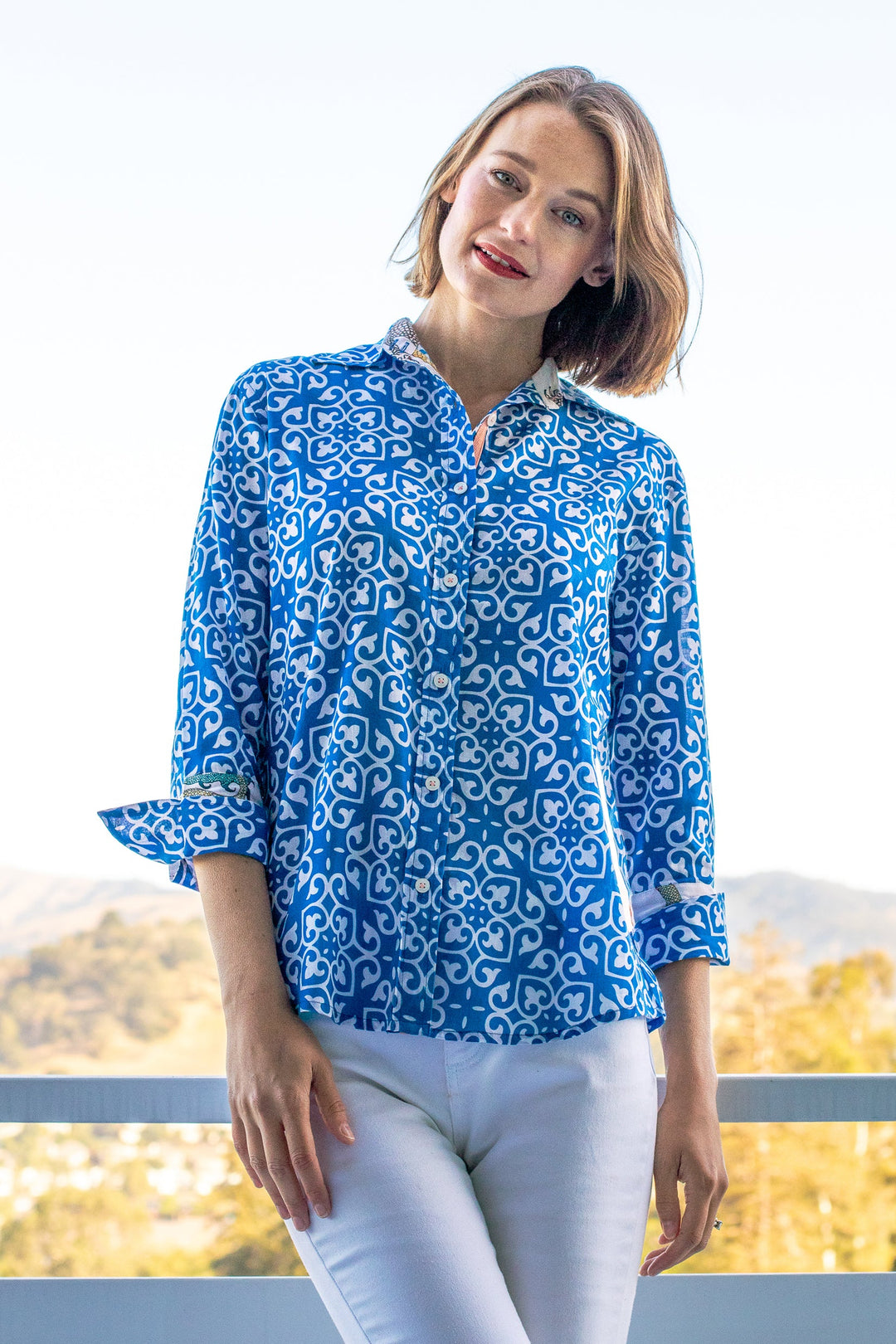 Dizzy-Lizzie Rome 3/4 Sleeve Shirt - Cobalt Blue & White Geometric Print available at Barbara Katz