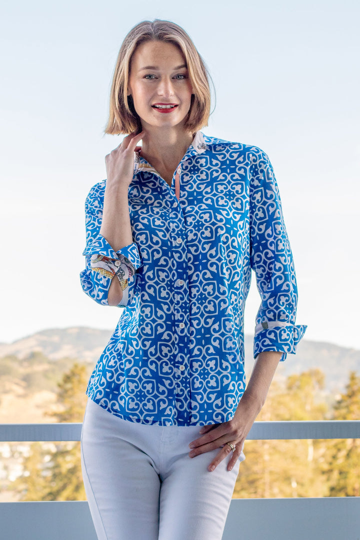 Dizzy-Lizzie Rome 3/4 Sleeve Shirt - Cobalt Blue & White Geometric Print available at Barbara Katz