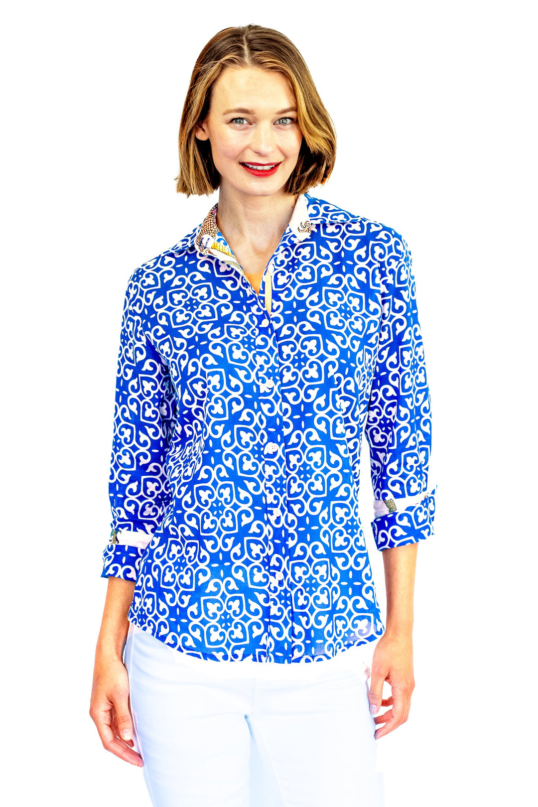 Dizzy-Lizzie Rome 3/4 Sleeve Shirt - Cobalt Blue & White Geometric Print available at Barbara Katz