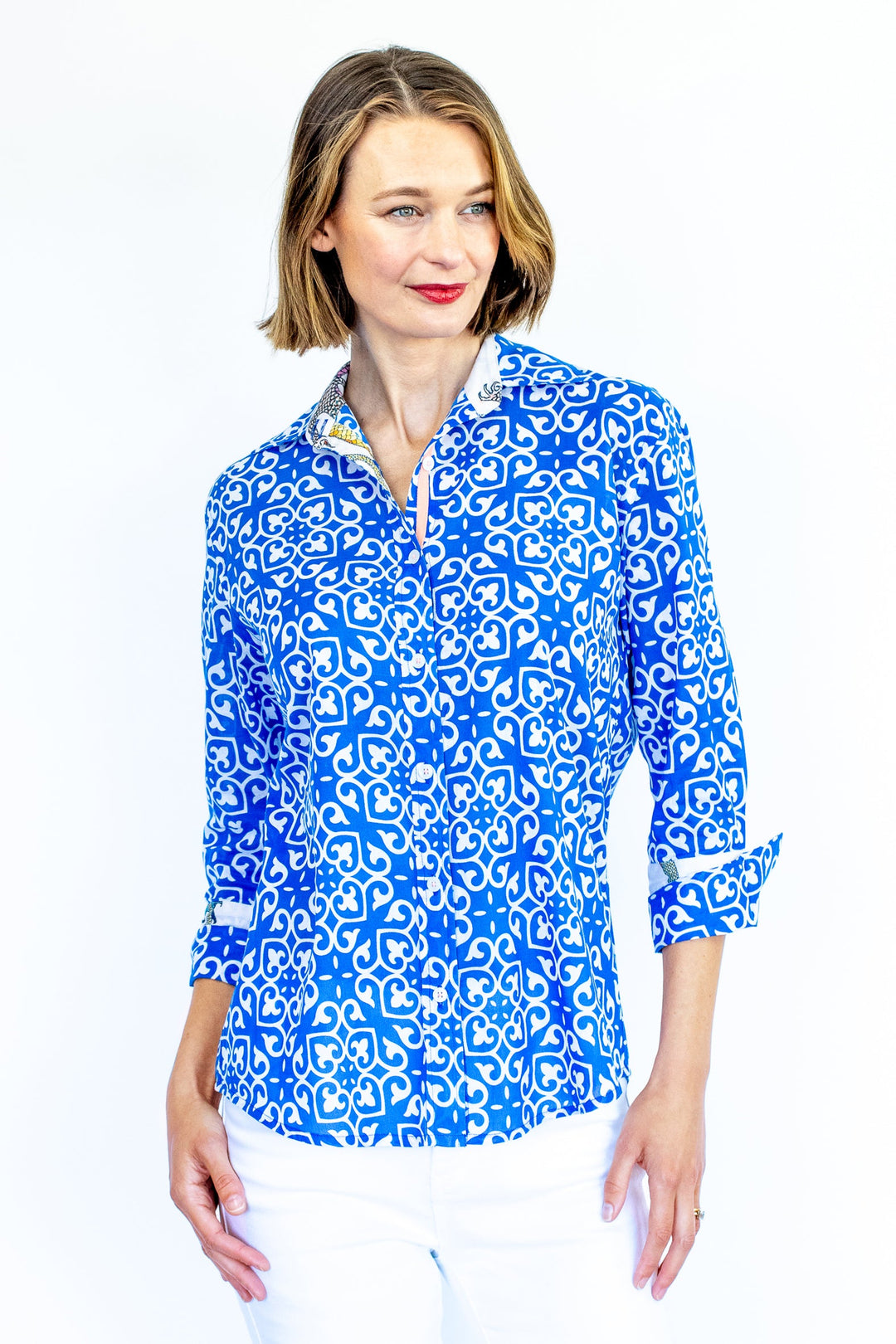 Dizzy-Lizzie Rome 3/4 Sleeve Shirt - Cobalt Blue & White Geometric Print available at Barbara Katz