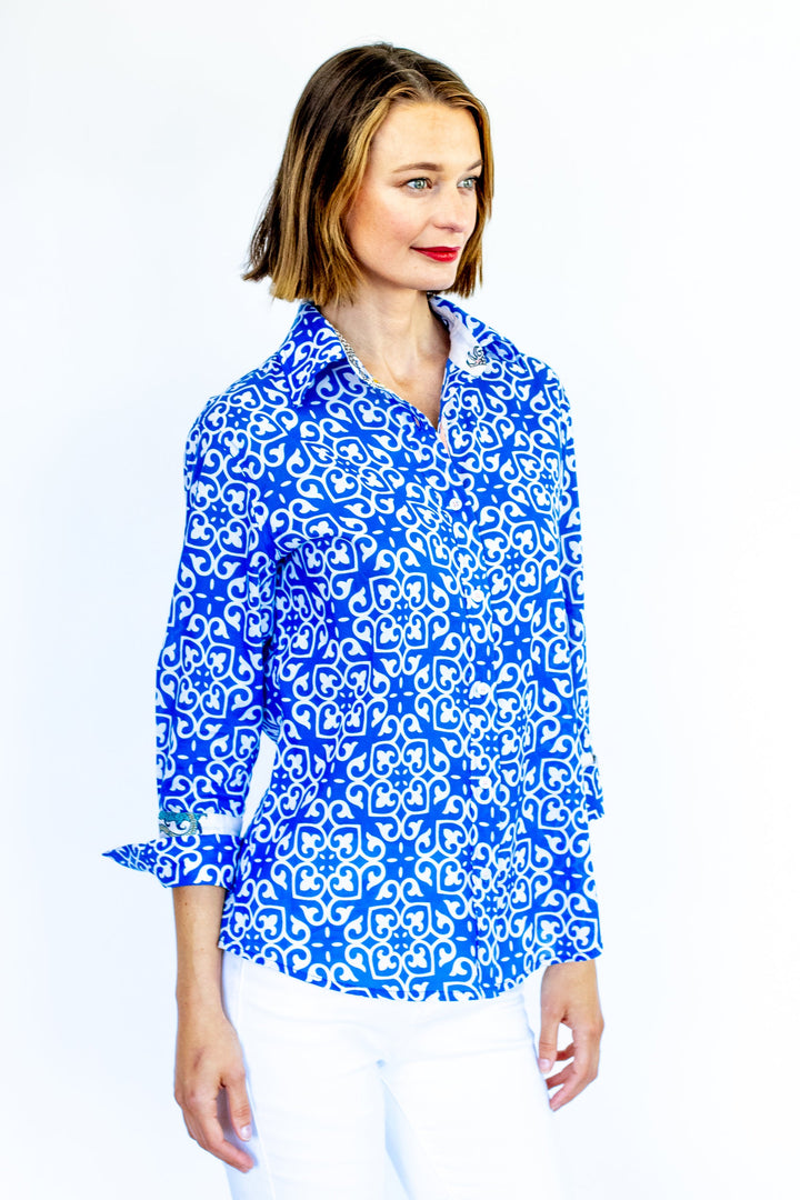 Dizzy-Lizzie Rome 3/4 Sleeve Shirt - Cobalt Blue & White Geometric Print available at Barbara Katz