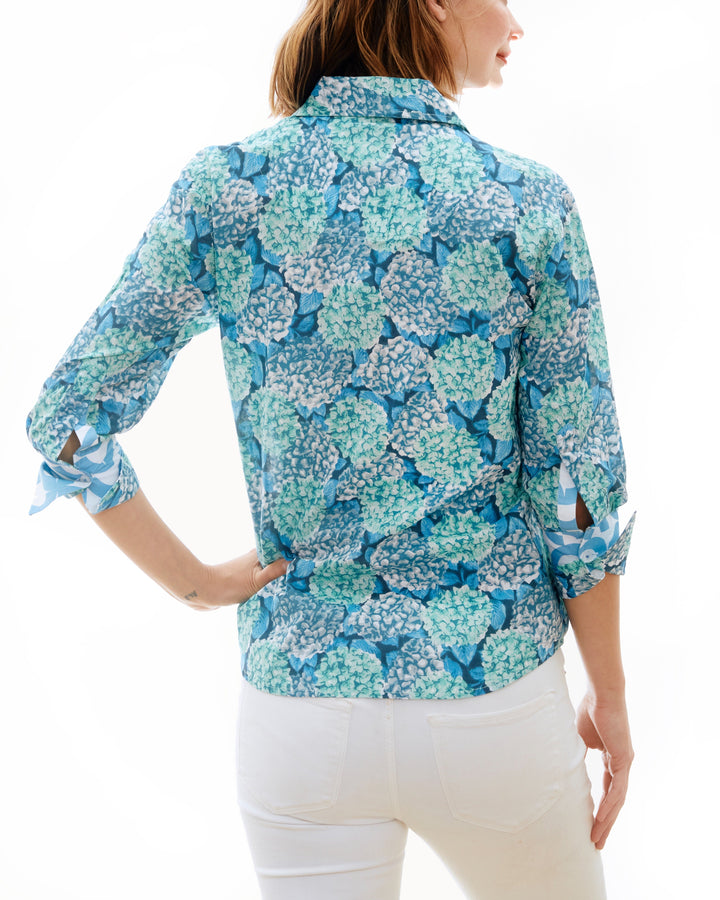 Dizzy-Lizzie Rome 3/4 Sleeve Shirt - Hydrangeas available at Barbara Katz