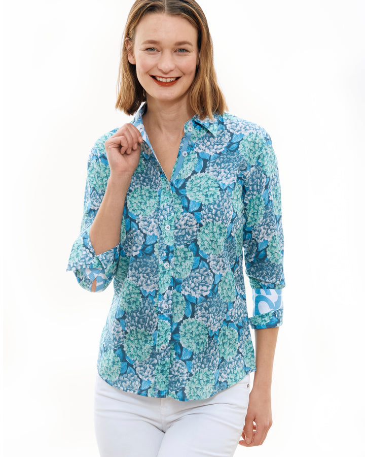 Dizzy-Lizzie Rome 3/4 Sleeve Shirt - Hydrangeas available at Barbara Katz