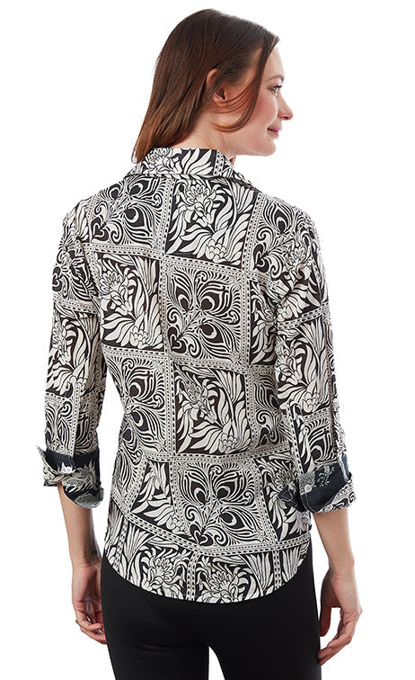 Dizzy-Lizzie Rome 3/4 Sleeve Shirt - Black White Geo available at Barbara Katz