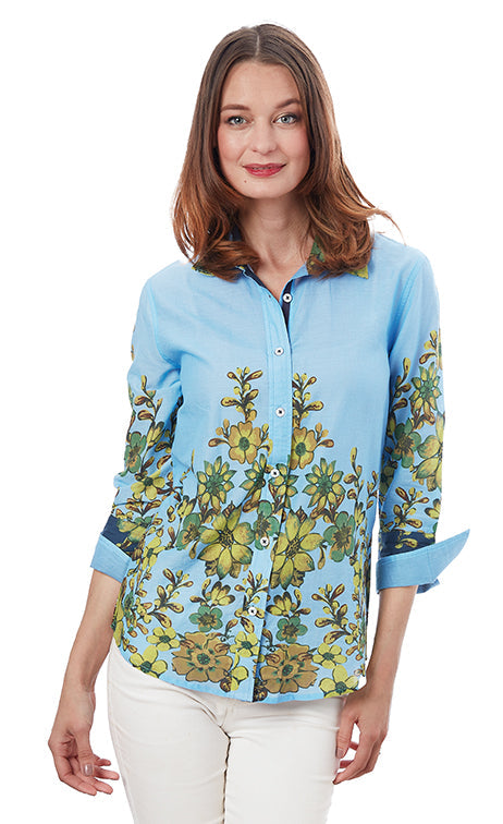 Dizzy-Lizzie Rome 3/4 Sleeve Shirt - Light Blue And Leaves available at Barbara Katz