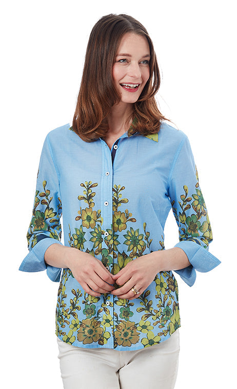 Dizzy-Lizzie Rome 3/4 Sleeve Shirt - Light Blue And Leaves available at Barbara Katz