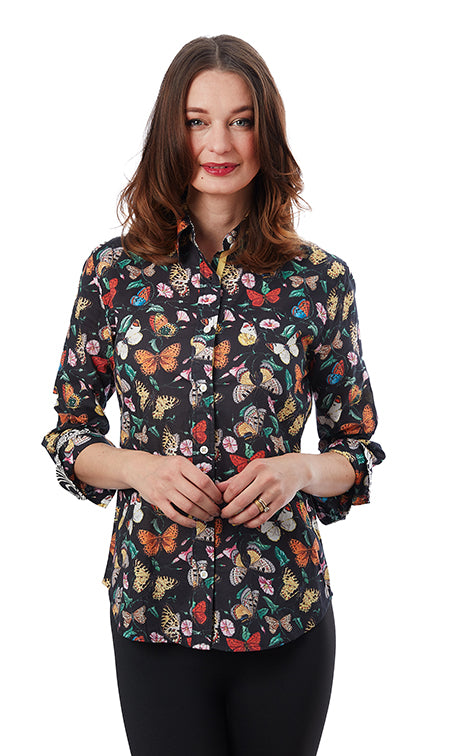 Dizzy-Lizzie Rome 3/4 Sleeve Shirt - Black Butterflies available at Barbara Katz