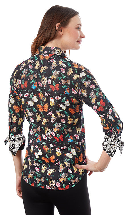 Dizzy-Lizzie Rome 3/4 Sleeve Shirt - Black Butterflies available at Barbara Katz