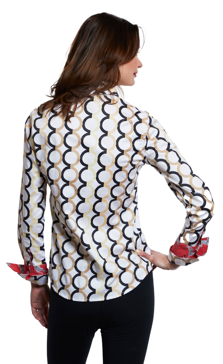 Dizzy-Lizzie Rome Long Sleeve Shirt - White Ground With Chocolate Neutral Olympic Rings