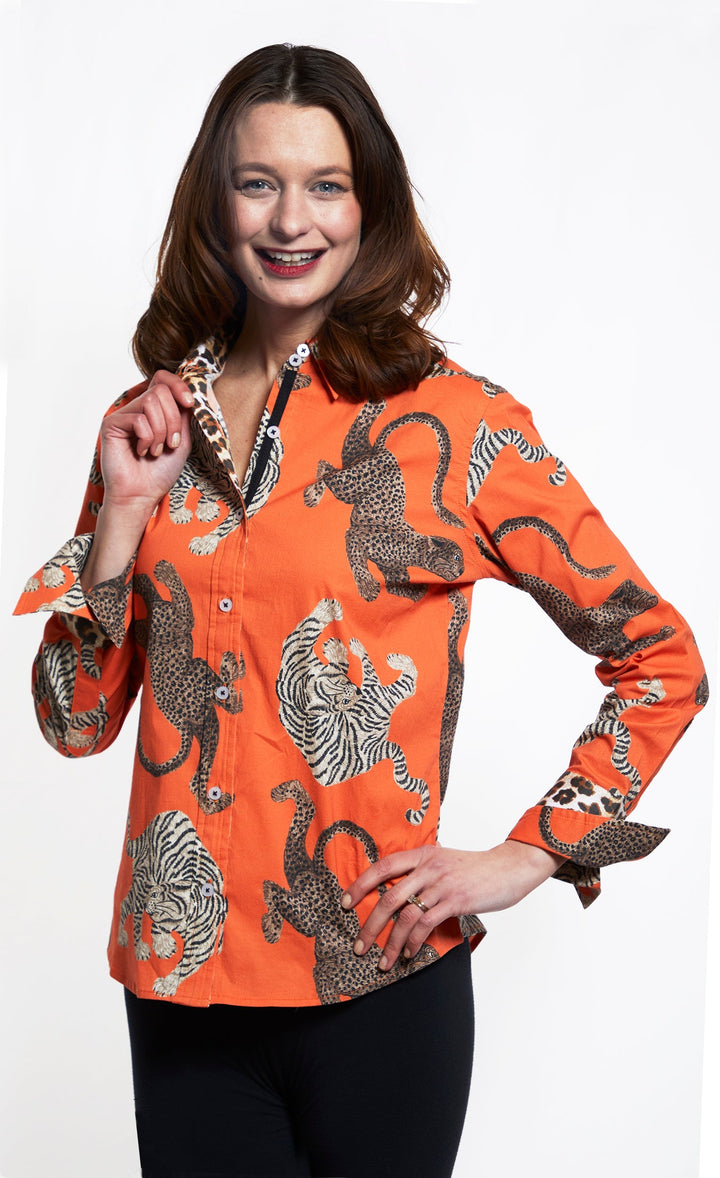 Dizzy-Lizzie Rome Long Sleeve Shirt - Rust Ground With Big Cats available at Barbara Katz