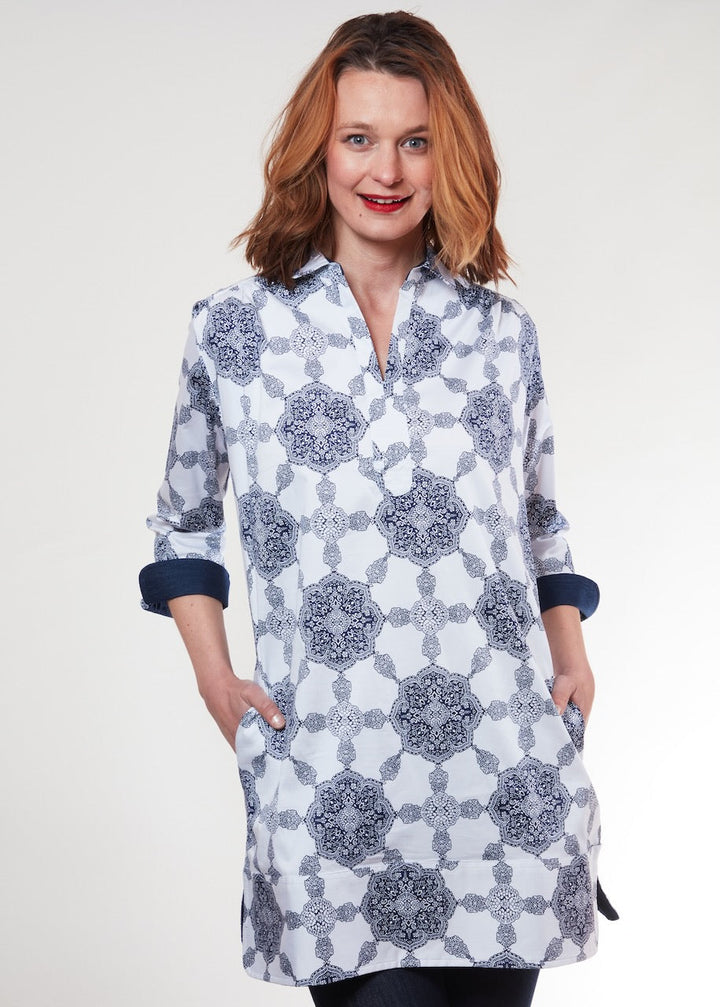 Dizzy-Lizzie Vail Tunic - Navy White Medallion available at Barbara Katz