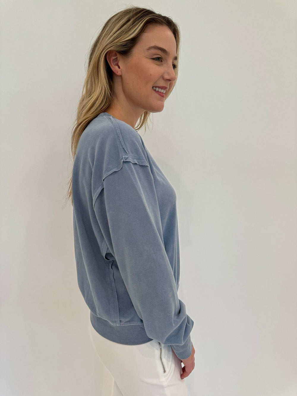 BK Clara Raw-Edge Long Sleeve Sweatshirt in Gray Blue available at Barbara Katz