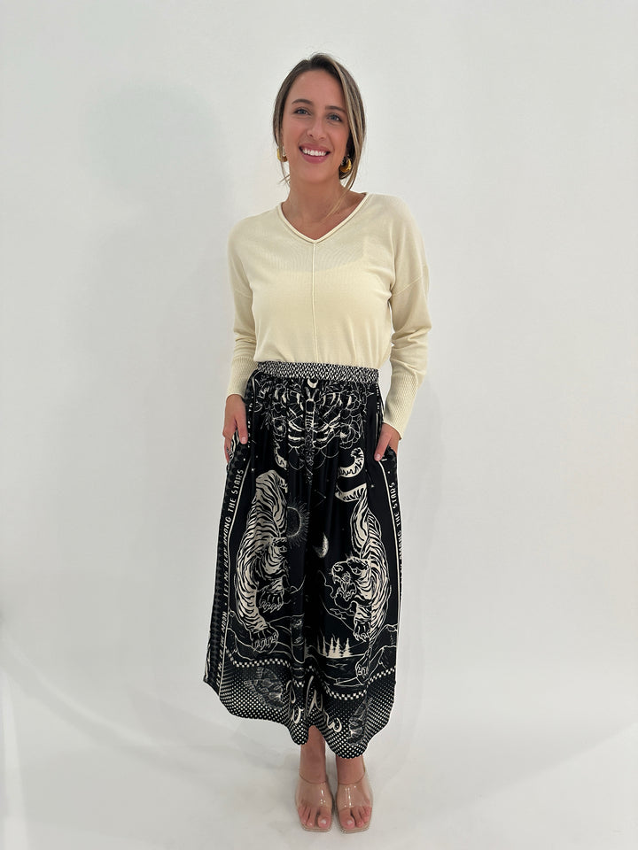 ME369 Vanessa Printed Pull-On Midi Skirt in Black Magic available at Barbara Katz