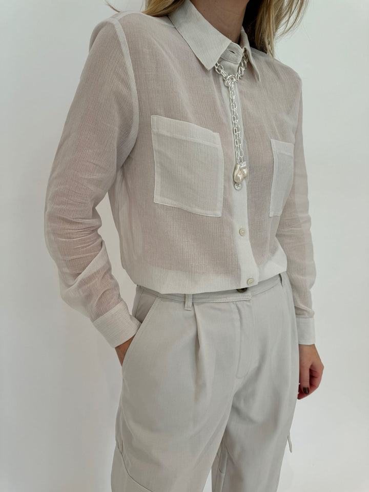 Marella Monochrome Wool White Orzo Shirt paired with Alisso Cargo Pants and Lizzie Fortunato Edith Lariat Necklace available at Barbara Katz 