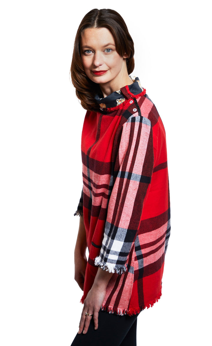 Aspen Cowl Neck Tunic With Fringe And Button Neck In Red Yarndyed Flannel Plaid XS / 4920-F3011R