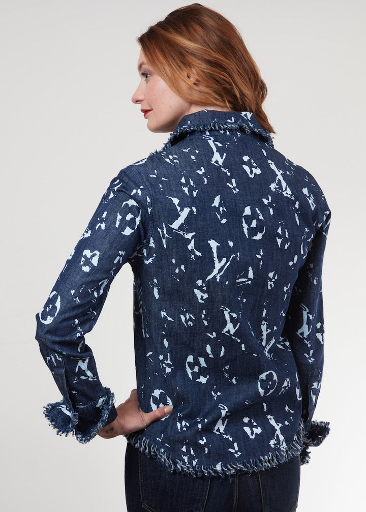 Dizzy-Lizzie Cape Cod Frayed Shirt - Blurred Letters In Denim available at Barbara Katz