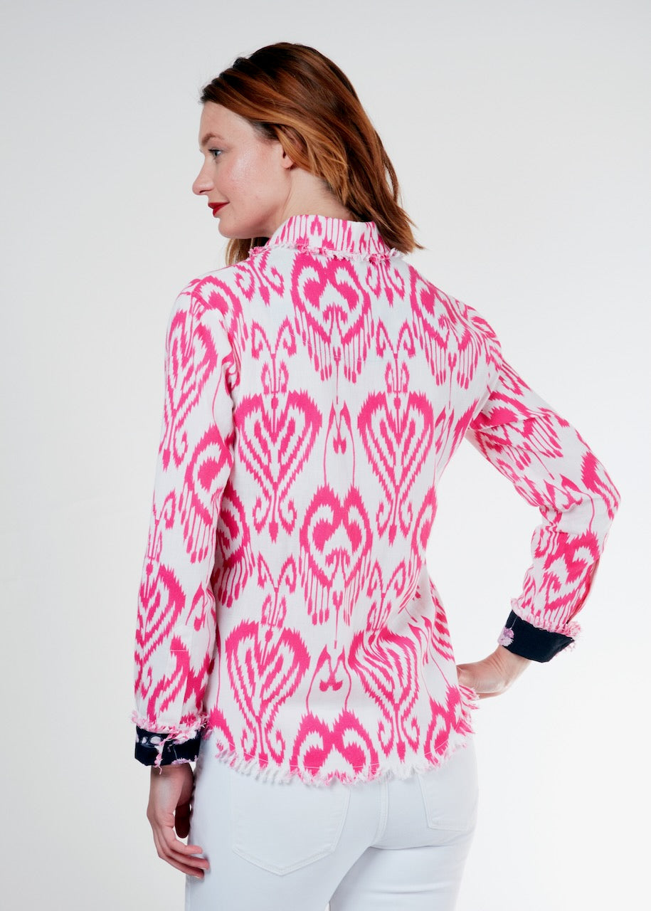 Dizzy-Lizzie Cape Cod Frayed Shirt - Pink White Ikat available at Barbara Katz