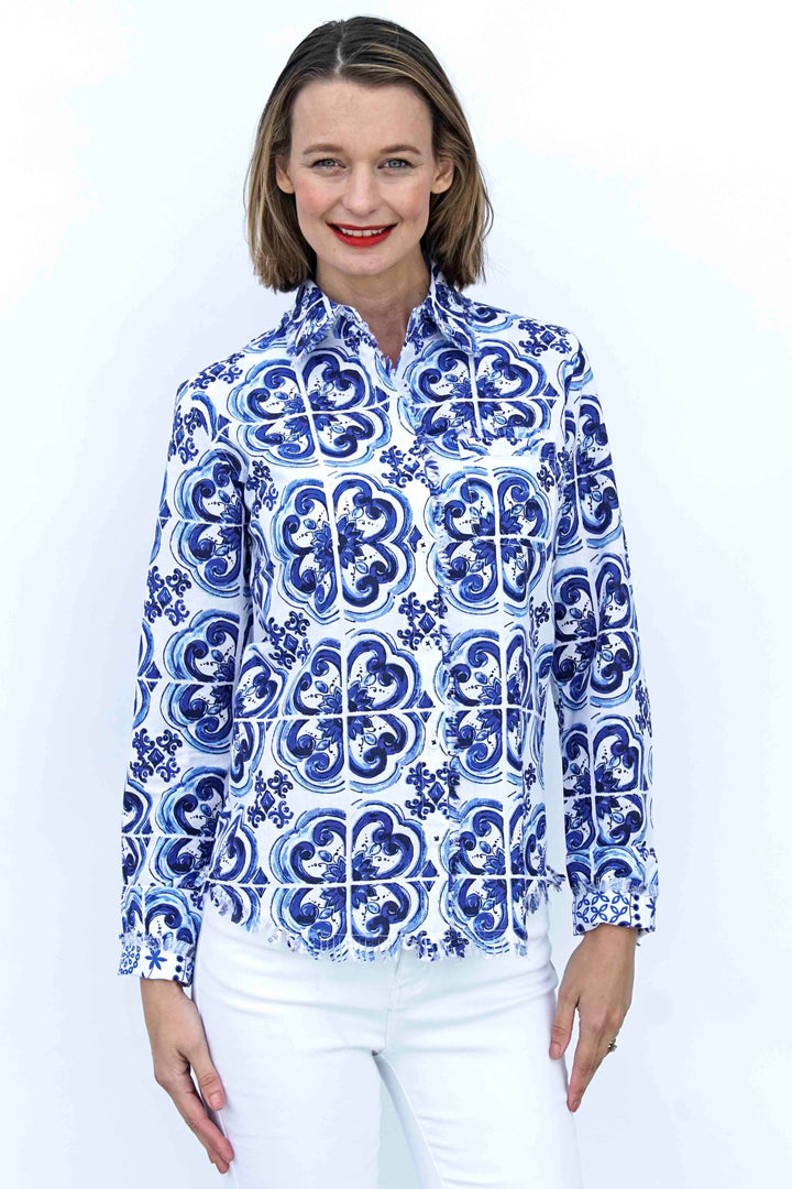 Dizzy-Lizzie Cape Cod Frayed Shirt - Blue White Tile Print available at Barbara Katz