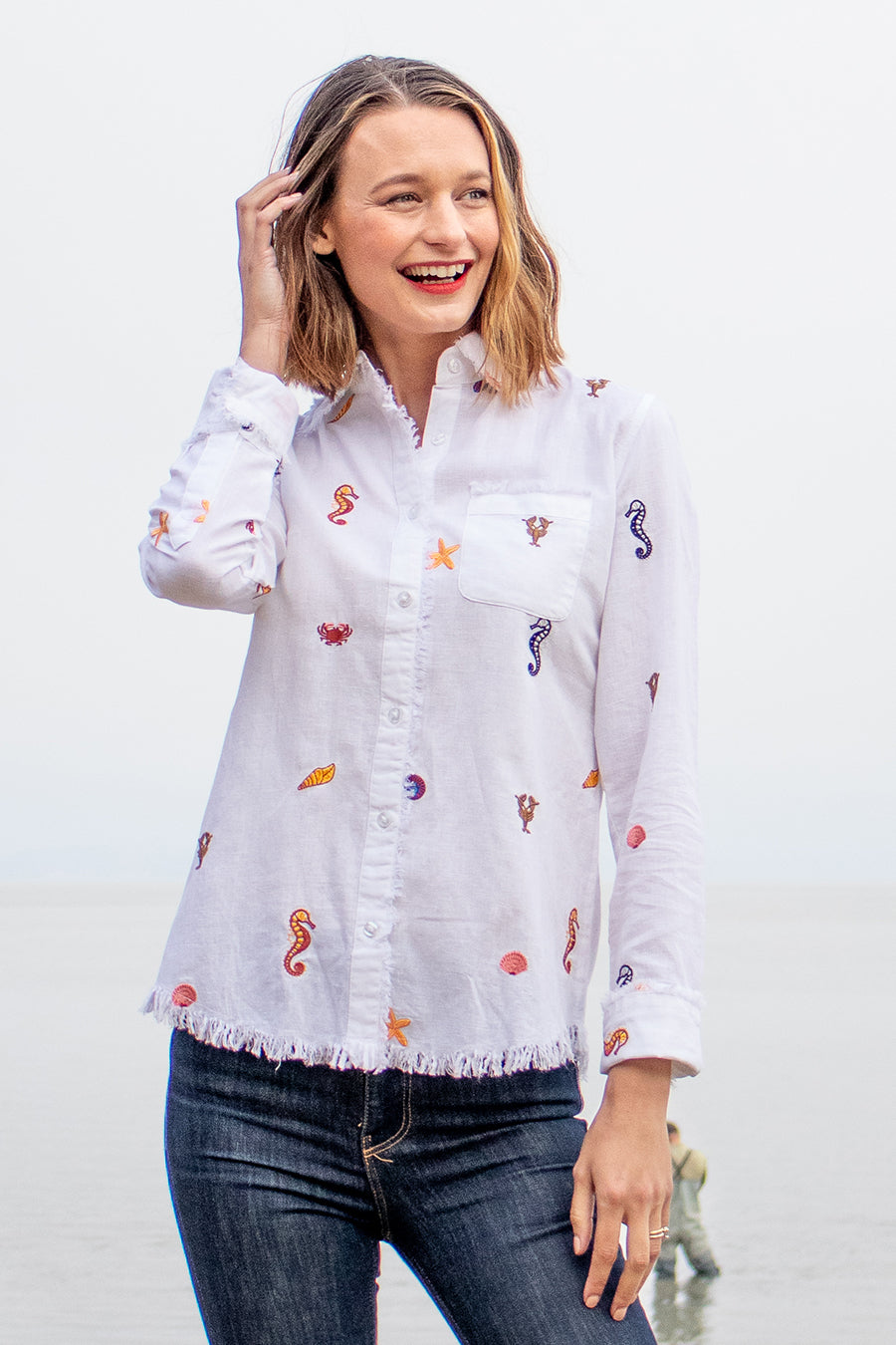 Dizzy-Lizzie Cape Cod Frayed Shirt - Embroidered Sea Life available at Barbara Katz