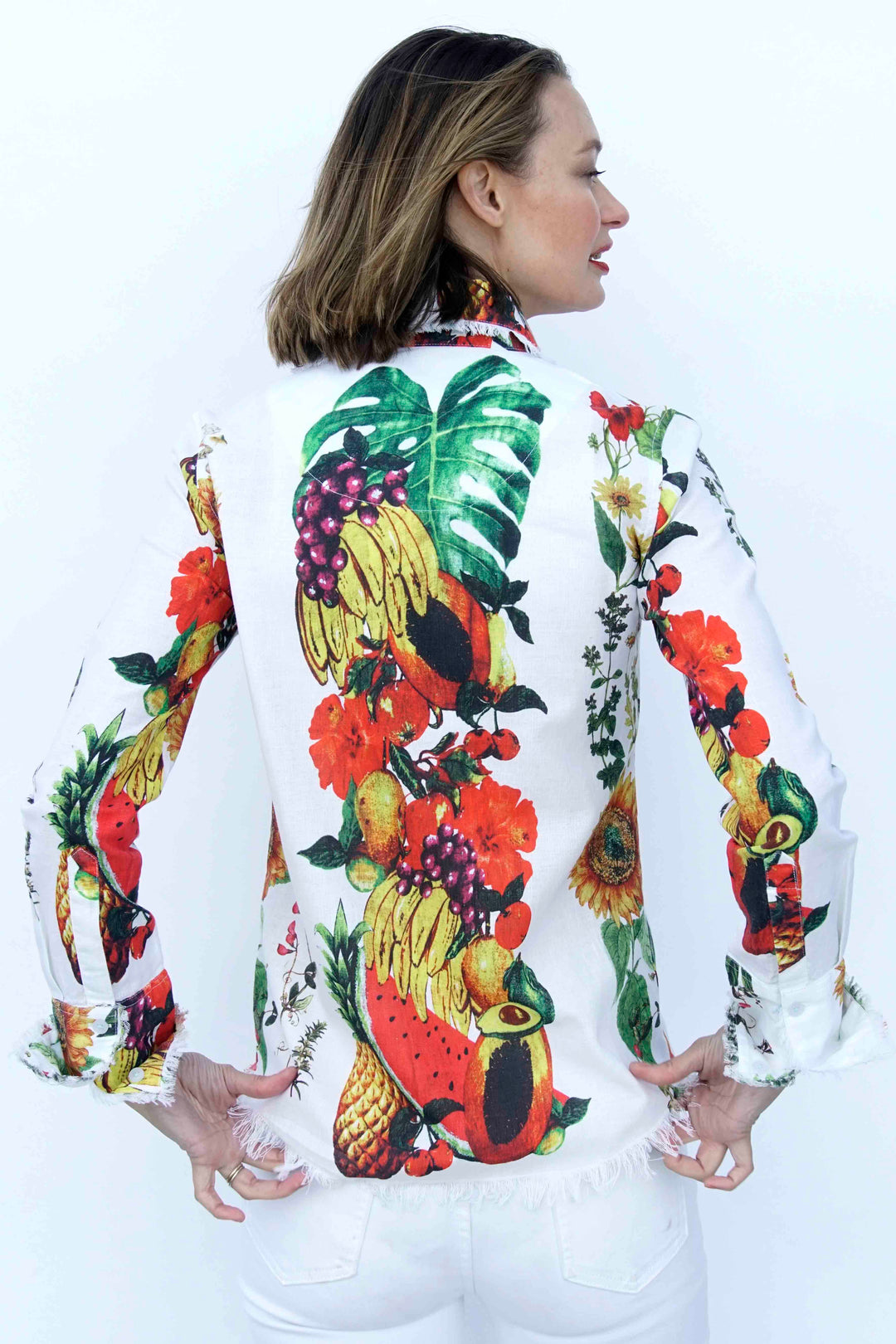 Dizzy-Lizzie Cape Cod Frayed Shirt - Sunflower Print available at Barbara Katz