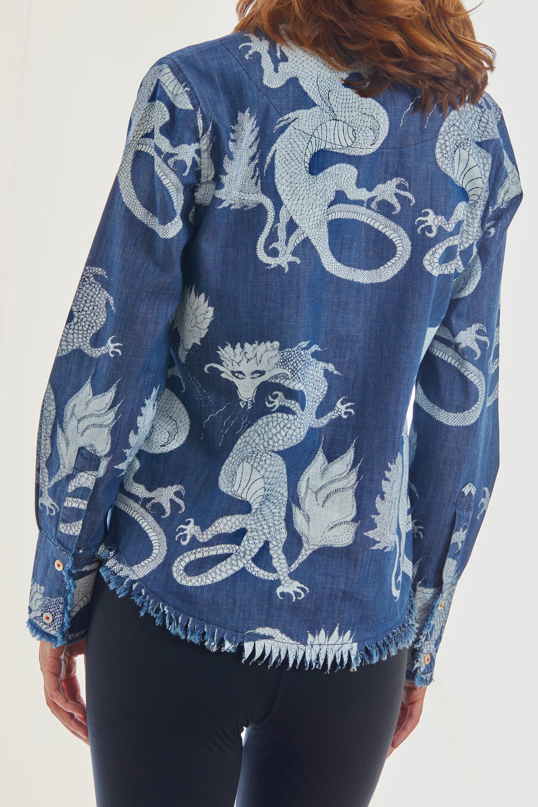 Dizzy-Lizzie Cape Cod Frayed Shirt - Denim with Gorgeous Print available at Barbara Katz