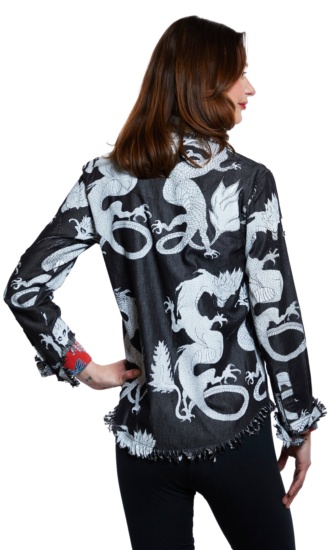 Dizzy-Lizzie Cape Cod Frayed Shirt - Black Denim With White Dragons available at Barbara Katz