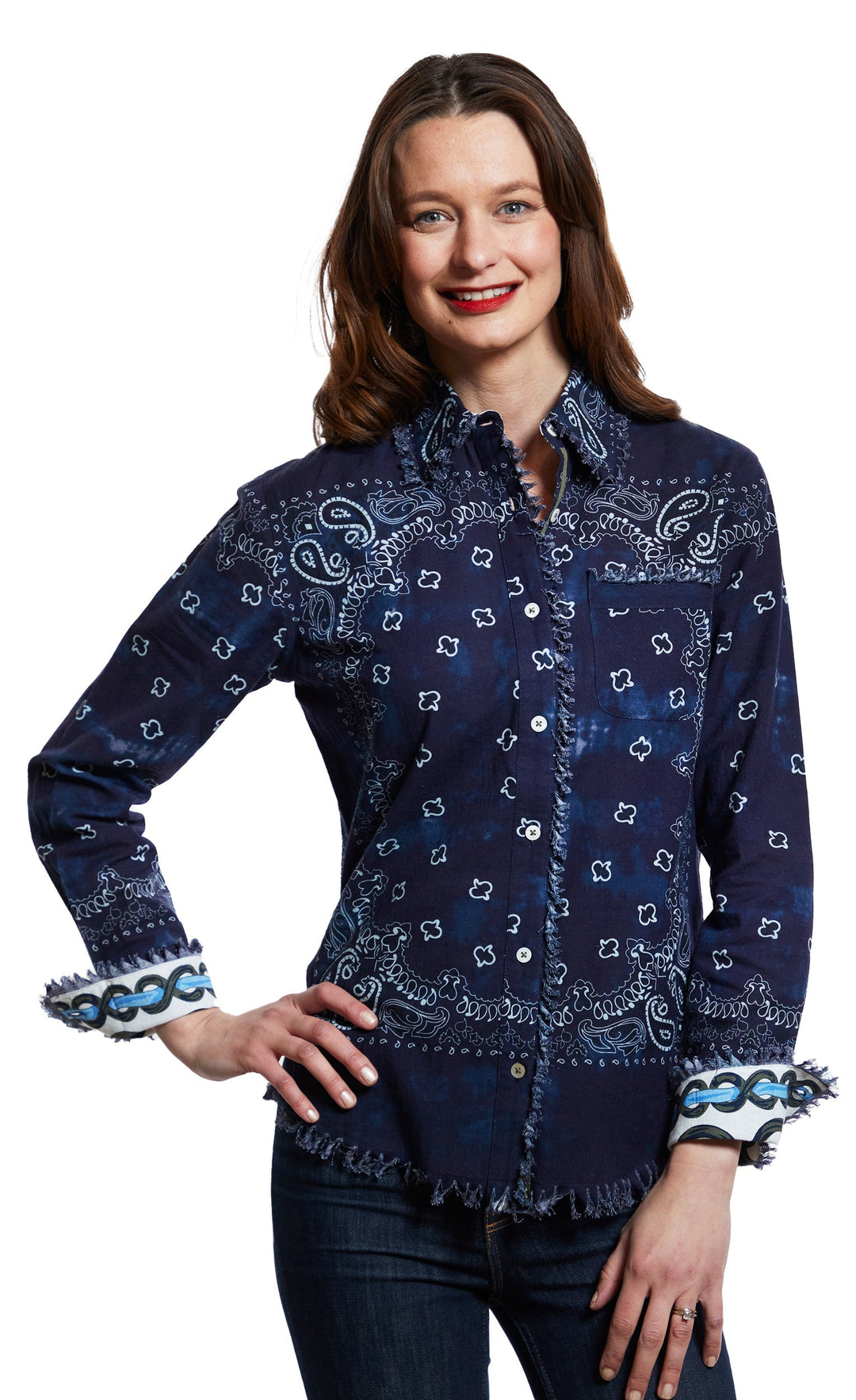 Dizzy-Lizzie Cape Cod Frayed Shirt - Indigo Bandana Print available at Barbara Katz