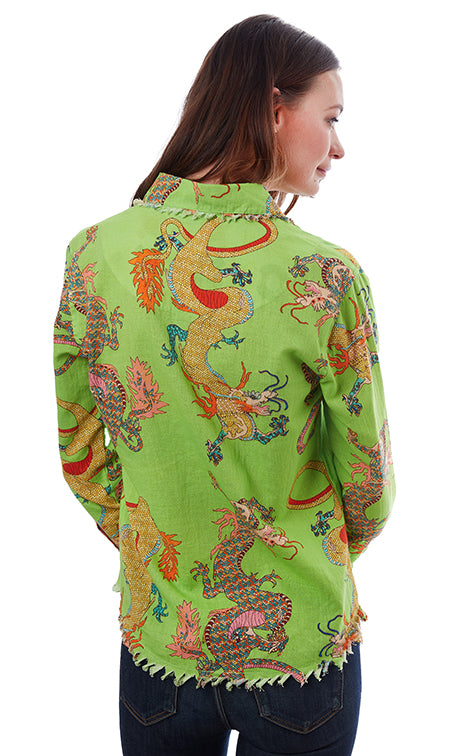 Dizzy-Lizzie Cape Cod Frayed Shirt - Green Dragon Print available at Barbara Katz