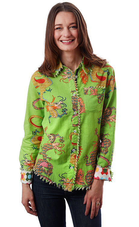 Dizzy-Lizzie Cape Cod Frayed Shirt - Green Dragon Print available at Barbara Katz