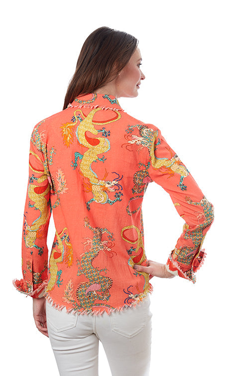 Dizzy-Lizzie Cape Cod Frayed Shirt - Orange Dragon Print available at Barbara Katz