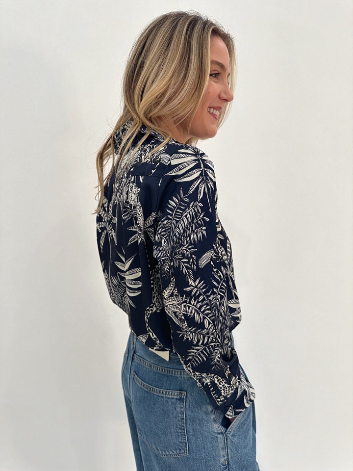 Vilagallo Mafalda Jungle Print Long Sleeve Shirt in Navy Blue available at Barbara Katz