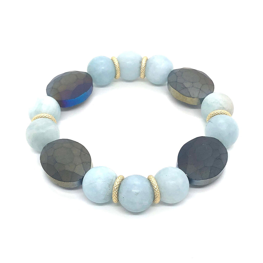 Deborah Grivas Matte Aqua Marine And Matte Gray Crystal Matte Gold Roundel Stretch Bracelet