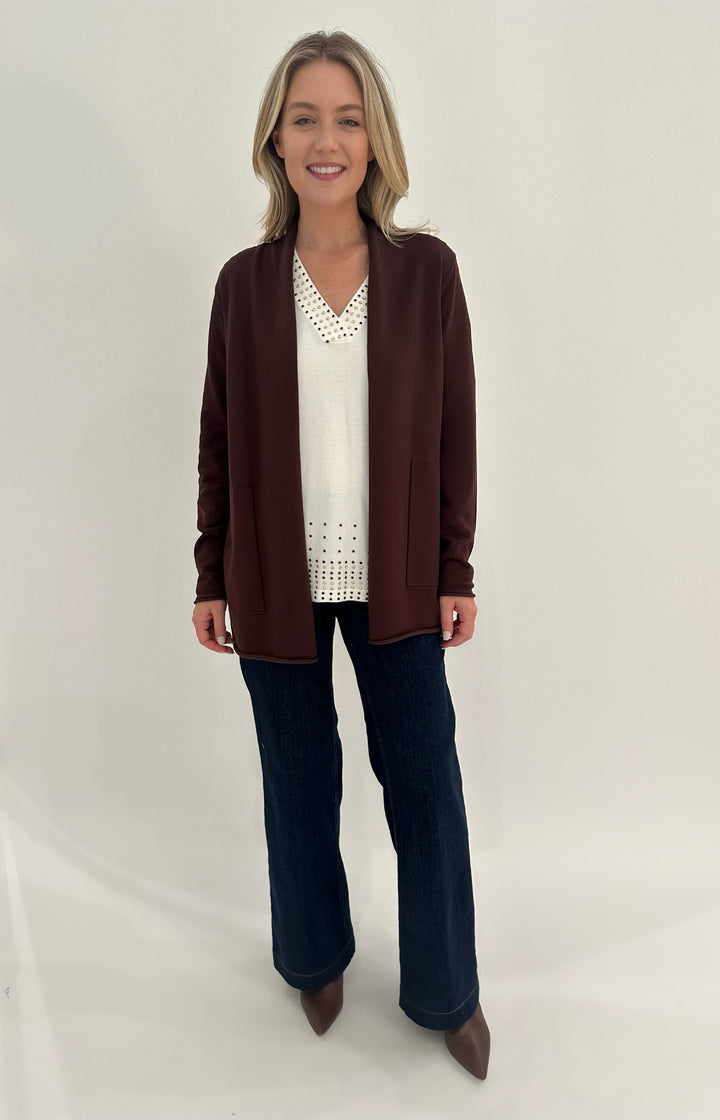 BK Olivia Long Open Cardigan in Espresso with White Leo & Ugo V-Neck Rhinestone Grommet Top, paired with MAC Indigo Dark Dream Wide Jeans - all available at Barbara Katz