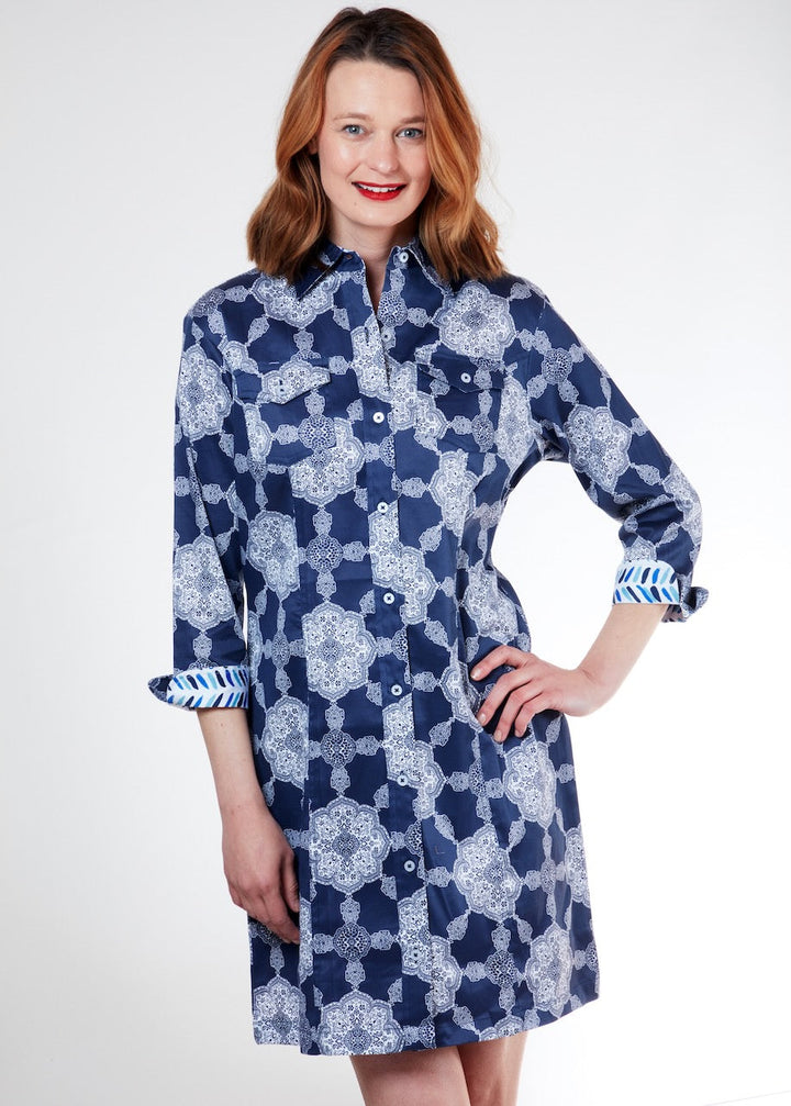 Dizzy-Lizzie Sag Harbor Dress - Navy Gound Medallion Print available at Barbara Katz