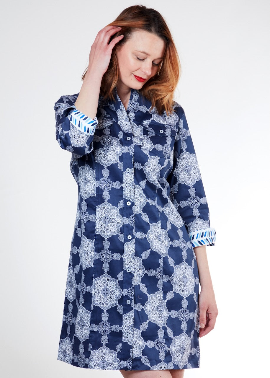 Dizzy-Lizzie Sag Harbor Dress - Navy Gound Medallion Print available at Barbara Katz