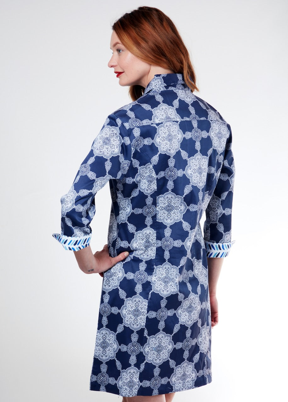 Dizzy-Lizzie Sag Harbor Dress - Navy Gound Medallion Print available at Barbara Katz