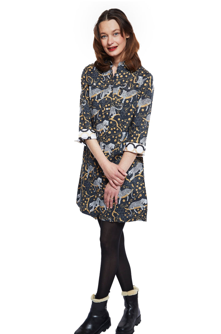 Dizzy-Lizzie Sag Harbor Dress - Black Ground With Sleeping Cheetahs In The Trees available at Barbara Katz