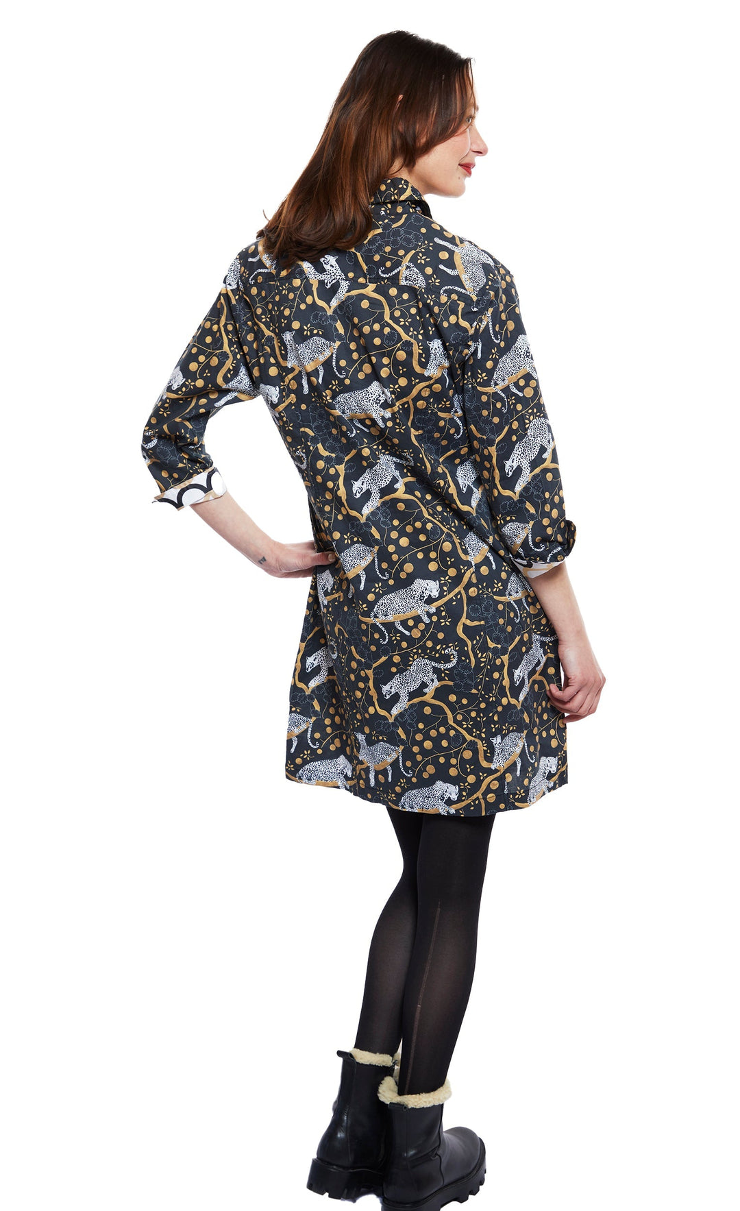 Dizzy-Lizzie Sag Harbor Dress - Black Ground With Sleeping Cheetahs In The Trees available at Barbara Katz