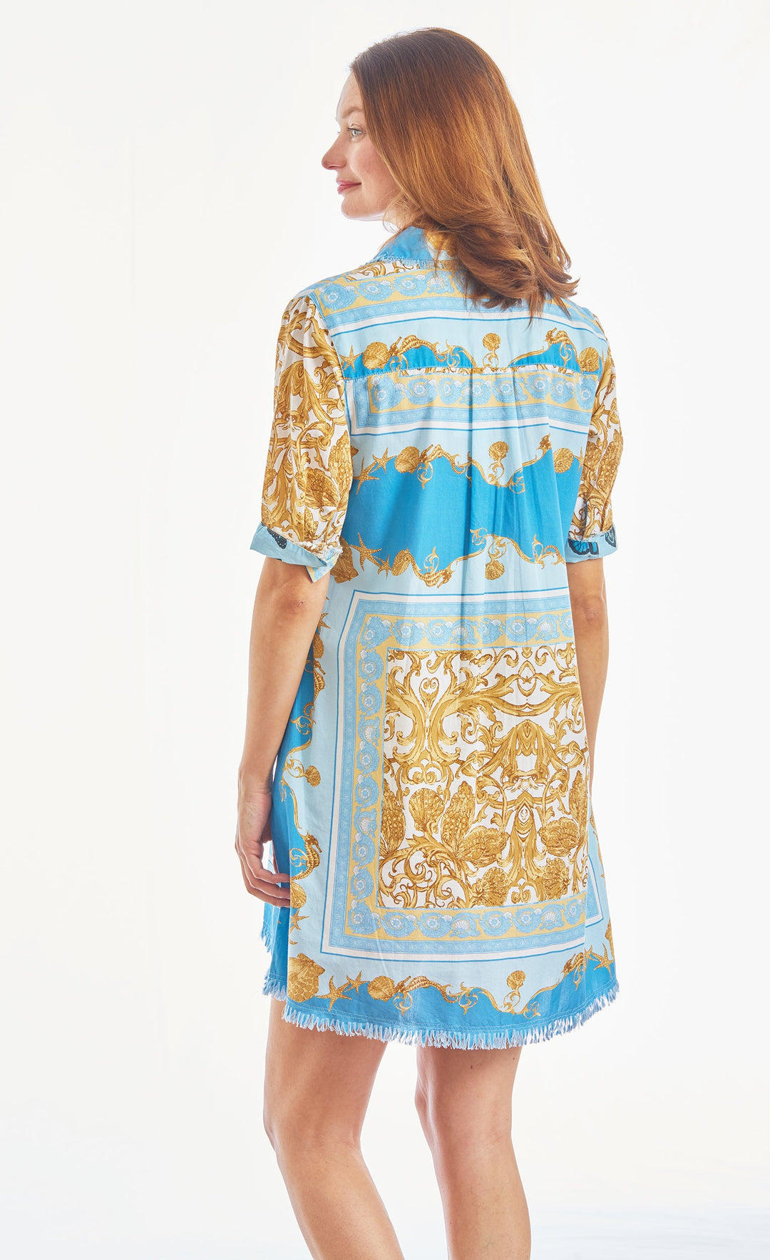 Dizzy-Lizzie Chatham Dress - Blue Gold Scroll Print available at Barbara Katz