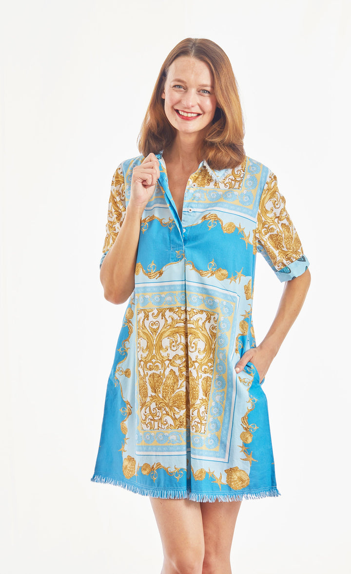 Dizzy-Lizzie Chatham Dress - Blue Gold Scroll Print available at Barbara Katz