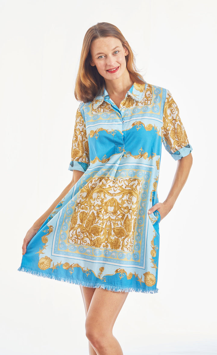 Dizzy-Lizzie Chatham Dress - Blue Gold Scroll Print available at Barbara Katz