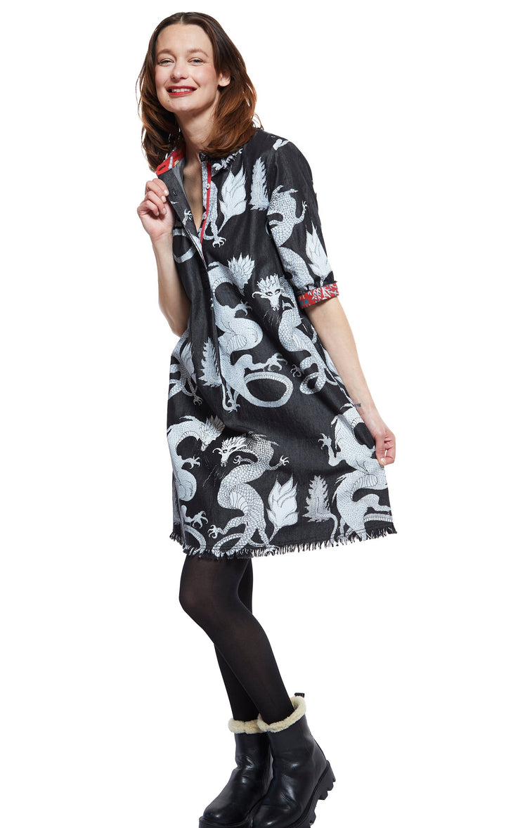 Chatham Dress Black Denim With White Dragons Print XS / 615A-F300B