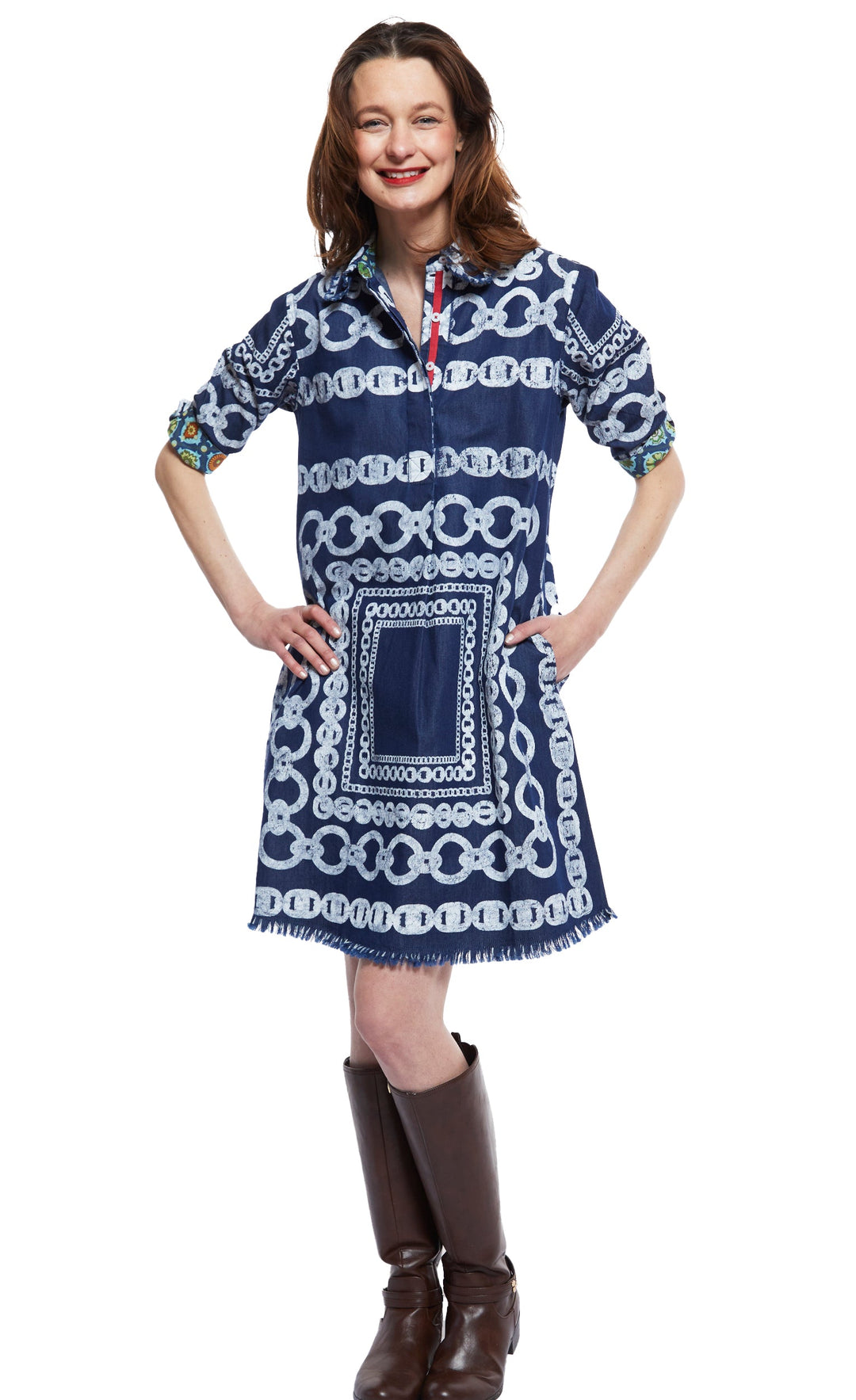 Dizzy-Lizzie Chatham Dress Denim With White Links Pattern