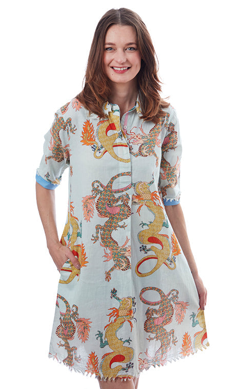 Dizzy-Lizzie Chatham Dress - Ice Blue Dragon Print available at Barbara Katz