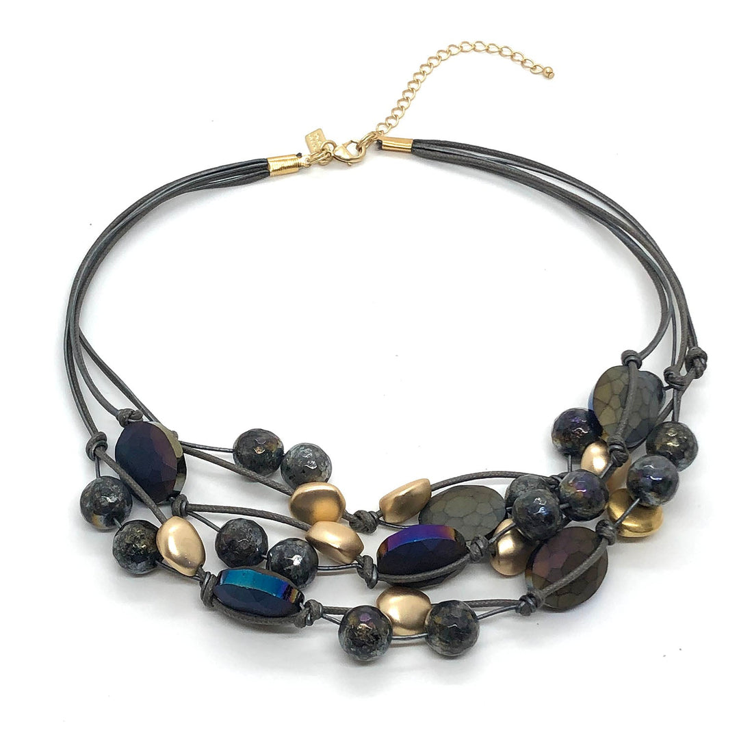 Deborah Grivas Matte Gray Crystal and Lavakite Matte Gold Pebble Torsade Three-strand Necklace