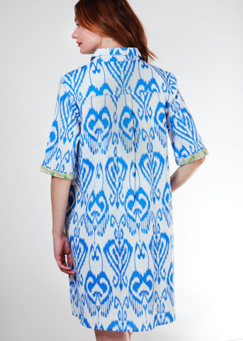 Dizzy-Lizzie Monterey Dress - Blue White Ikat Print available at Barbara Katz