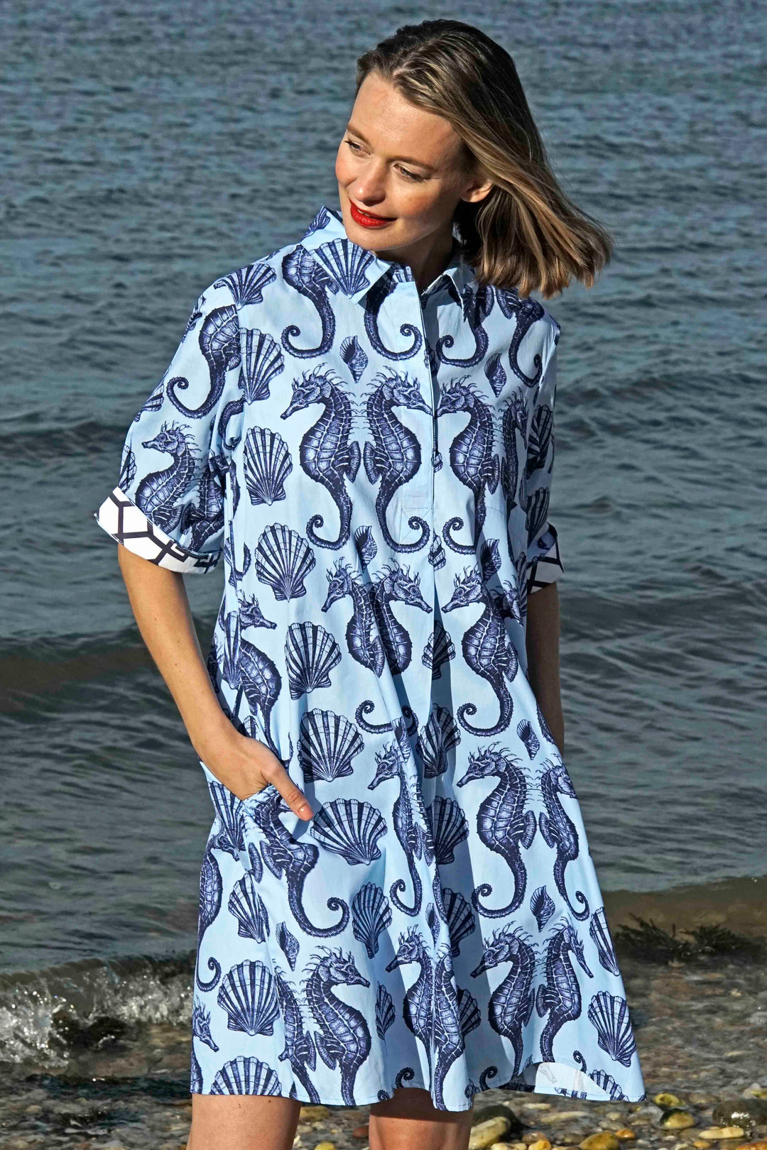 Dizzy-Lizzie Monterey Dress - Ocean Blue Ground With Seahorses available at Barbara Katz