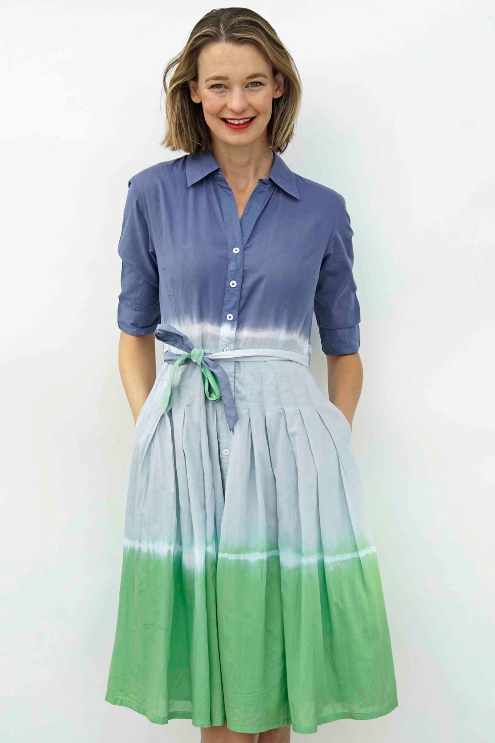 Dizzy-Lizzie Mrs Maisel Dress - Blue Green Tie Dye Print available at Barbara Katz