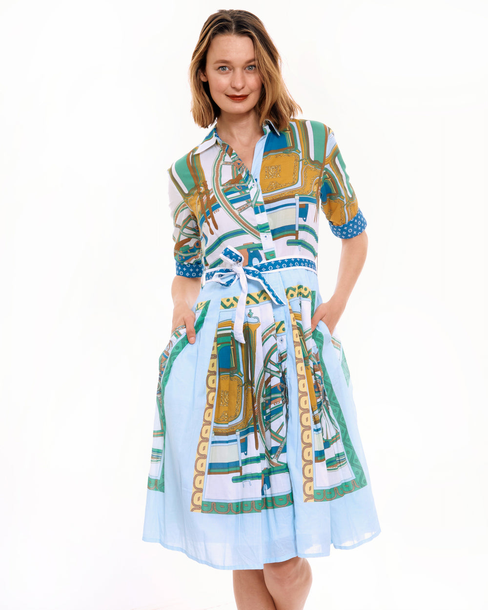 Dizzy-Lizzie Mrs Maisel Dress - Blue Green Wagon Wheel available at Barbara Katz