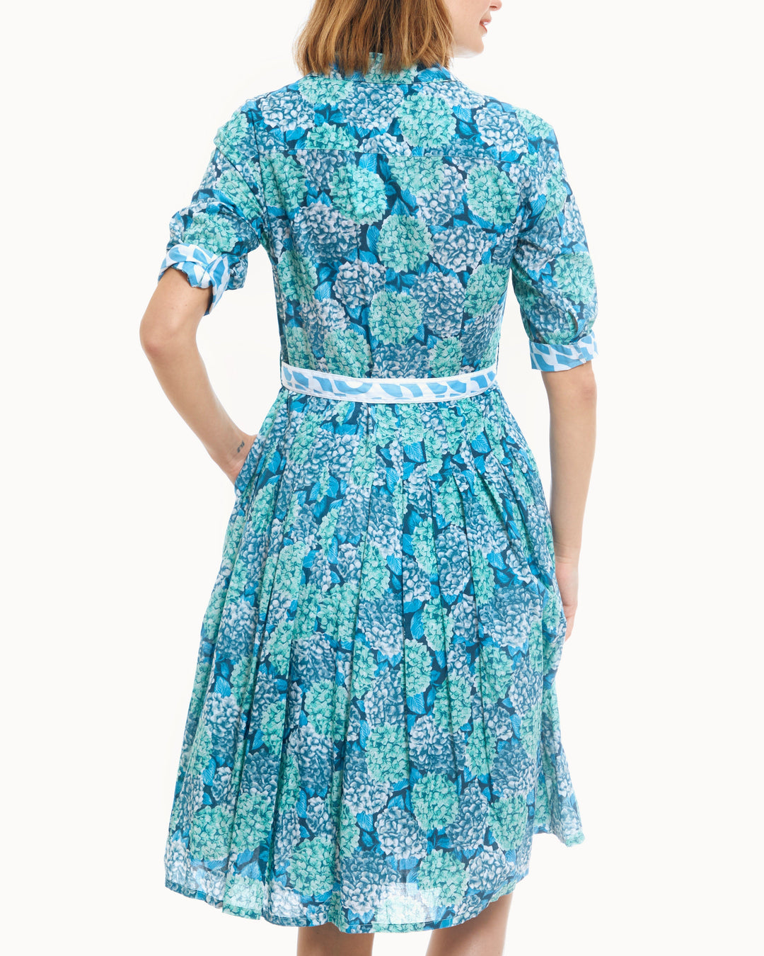 Dizzy-Lizzie Mrs Maisel Dress - Blue Green Hydrangeas available at Barbara Katz